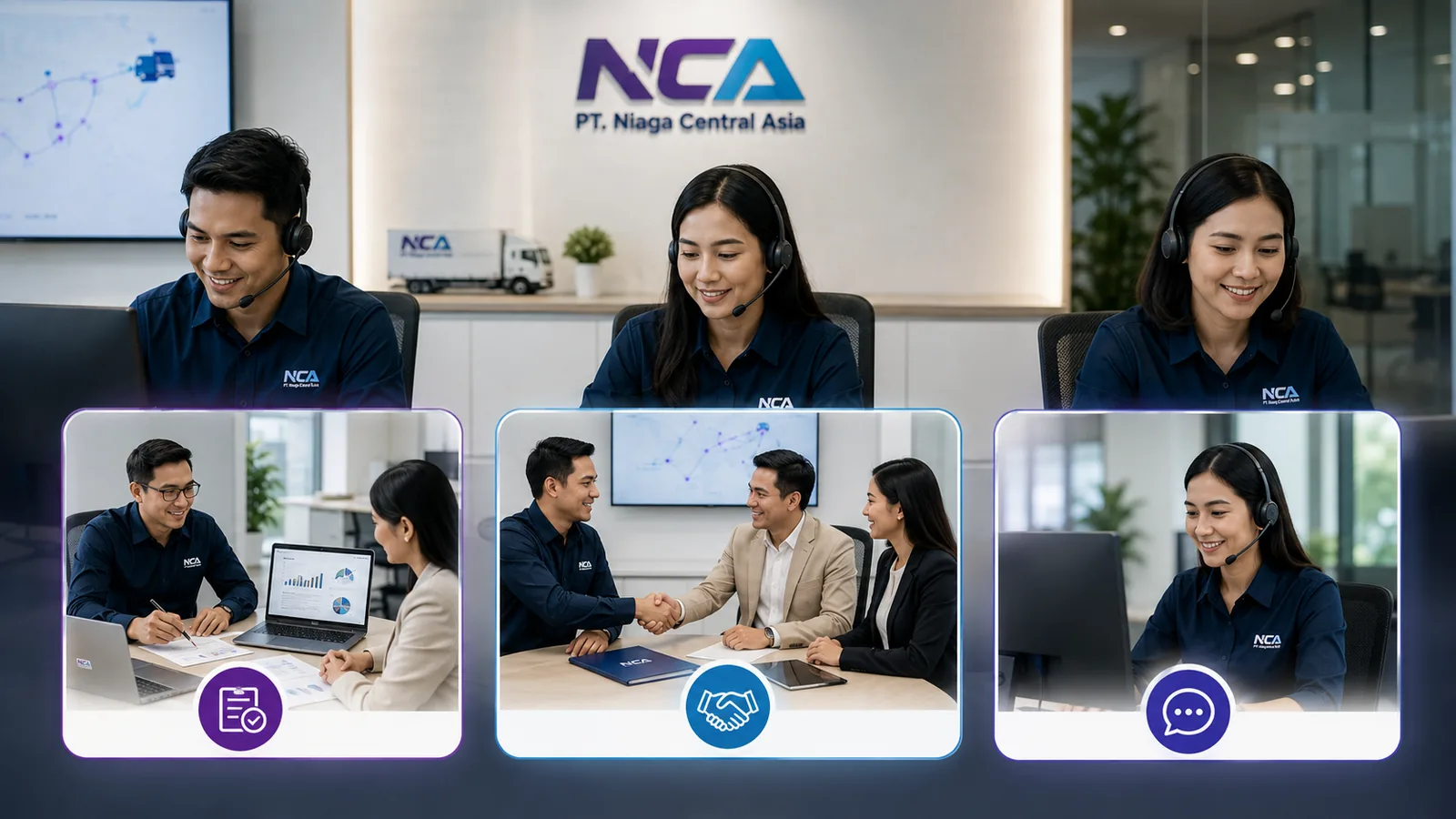 Visual tiga jalur kontak PT Niaga Central Asia: layanan, kemitraan, dan informasi umum